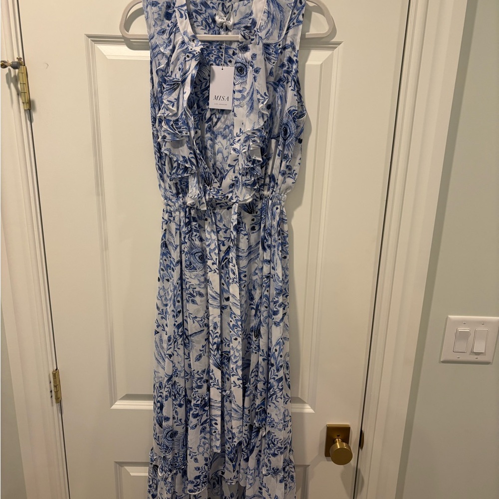 Misa Los Angeles White and Blue Floral Maxi Dress